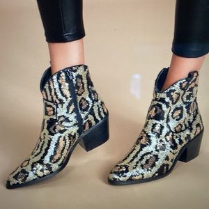 Betsy Johnson Lucki Leopard Sequin Pointed Toe Ankle Boots